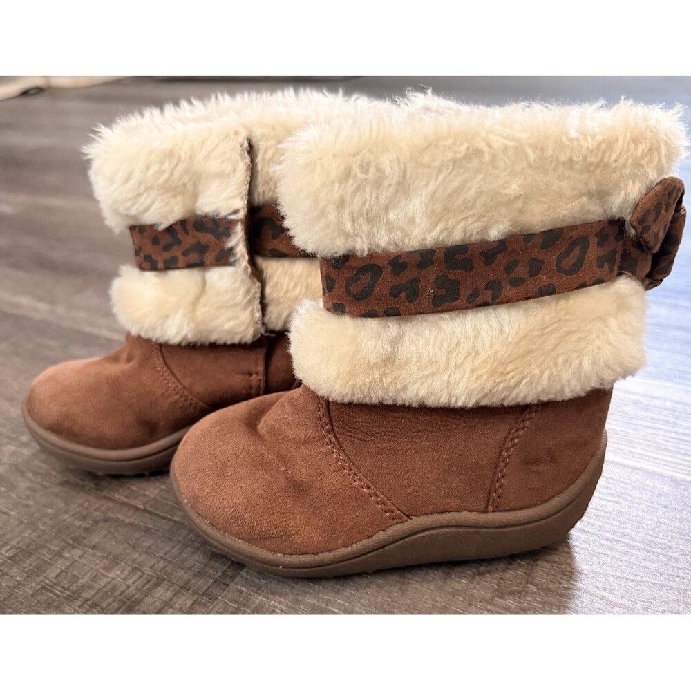 Faded Glory Girls Ankle Booties Faux Fur Leopard Cuff Pull On US 6 EU 22